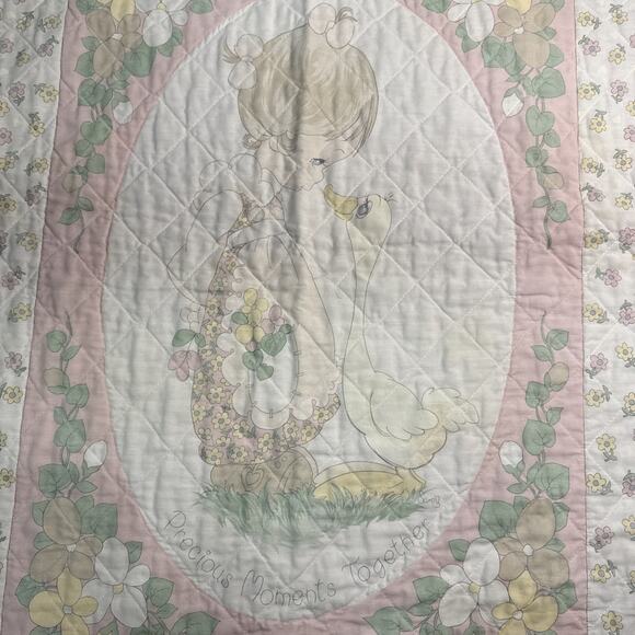 Vintage Precious Moments Pink Baby Blanket Duck Girl White 42x32.5 - Picture 2 of 4